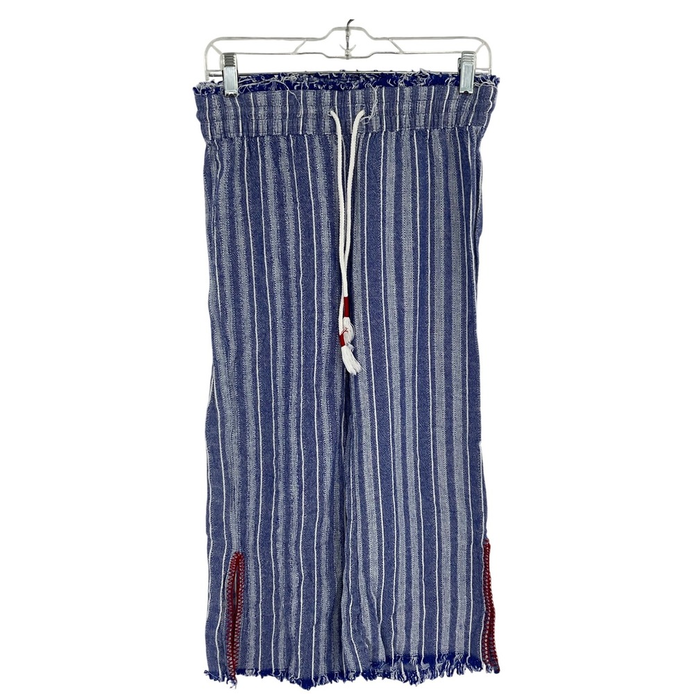Blue Rein Women's Striped Frayed Hem Wide Leg Cropped Pants Drawstring‎ Small